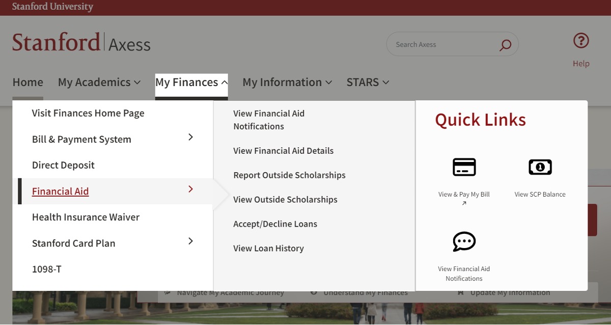 Screen shot of Axess My Finances menu