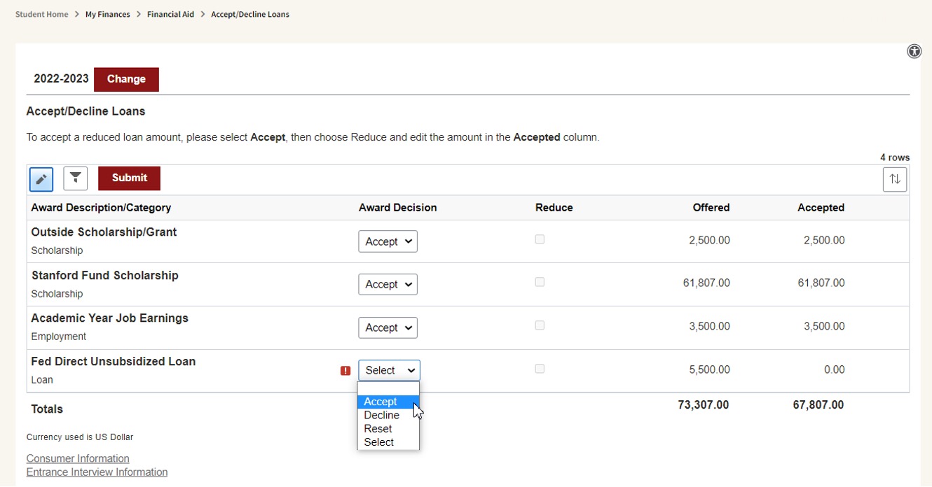 Screen shot of the Accept or Decline Loans page from Axess
