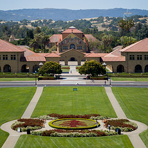 Stanford Oval viewed from south end, with Main Quad beyond